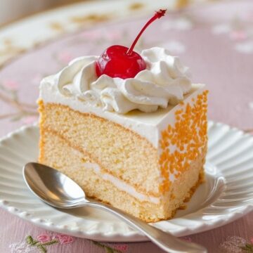 slice of tres leches cake on a small plate soaked in a milk mixture, decorated with whipped cream and berries